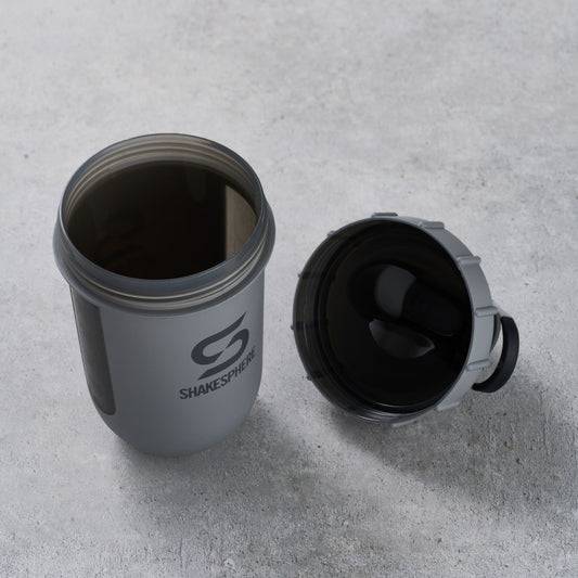 ShakeSphere Tumbler View - Matte Grey with black window, grey logo