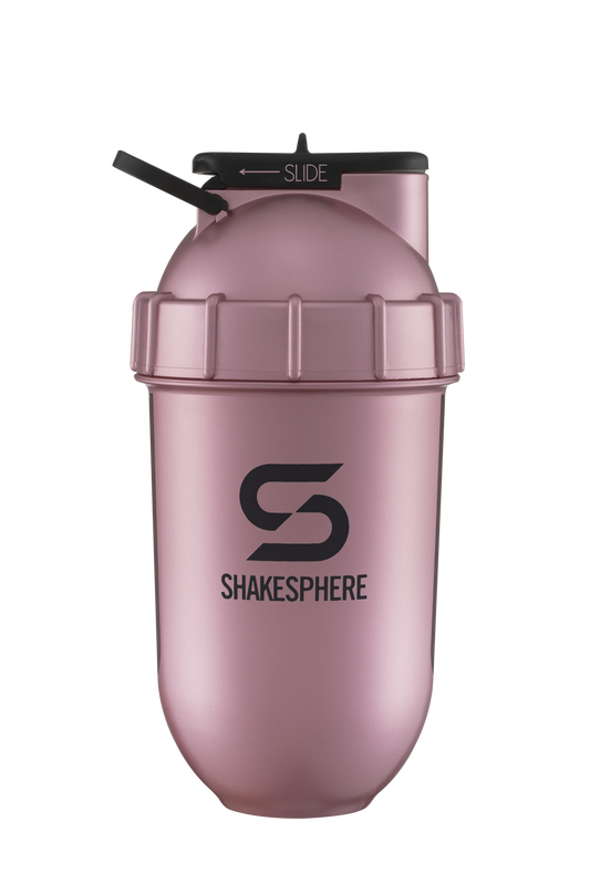 ShakeSphere Tumbler View - Rose Gold with black window, black logo