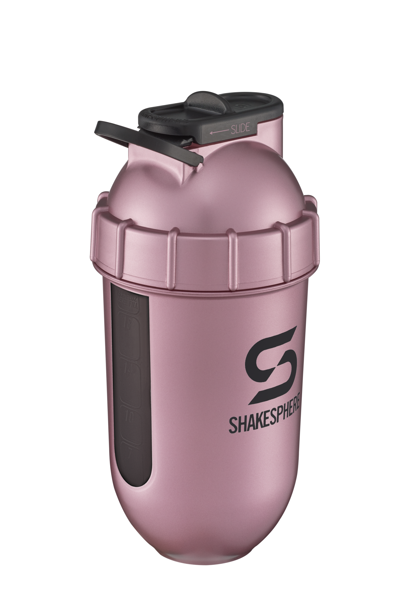 ShakeSphere Tumbler View - Rose Gold with black window, black logo