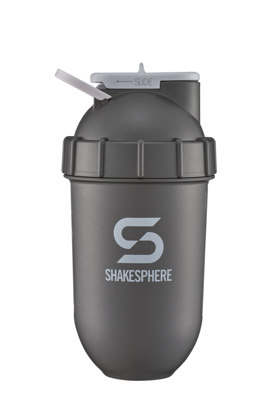 ShakeSphere Tumbler View - Gun Metal with clear window, white logo