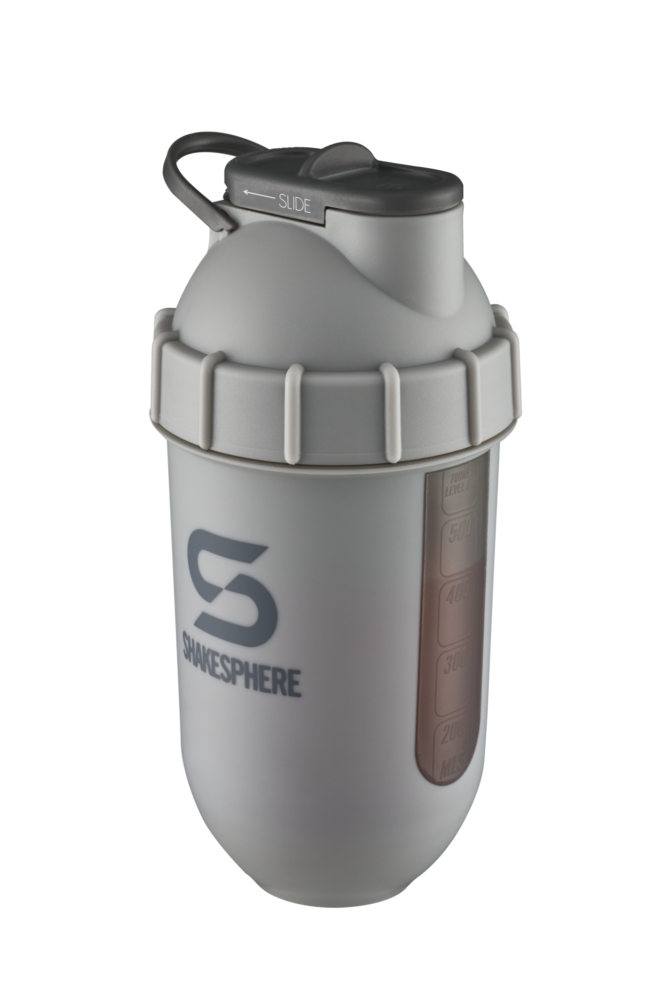 ShakeSphere Tumbler View - Matte Grey with black window, grey logo