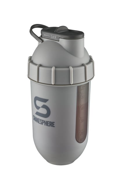 ShakeSphere Tumbler View - Matte Grey with black window, grey logo