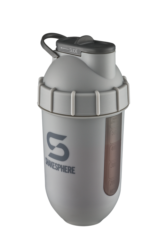 ShakeSphere Tumbler View - Matte Grey with black window, grey logo