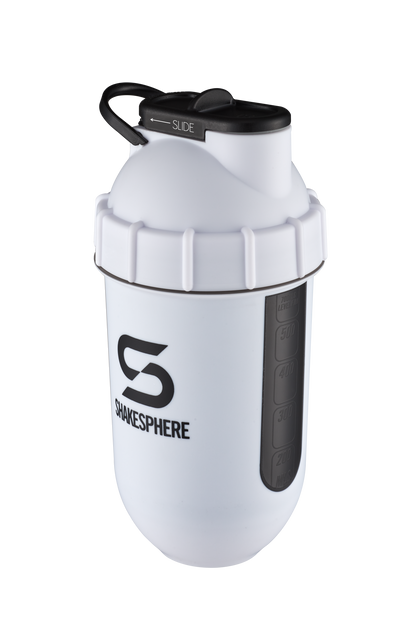 ShakeSphere Tumbler View - Matte White with black window, black logo