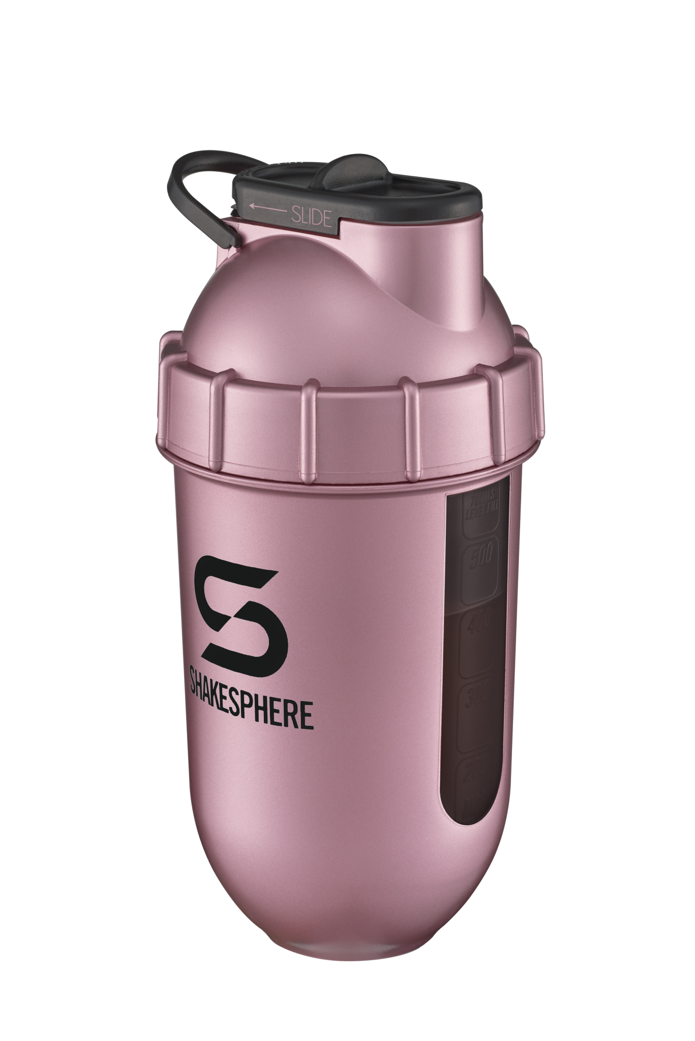ShakeSphere Tumbler View - Rose Gold with black window, black logo
