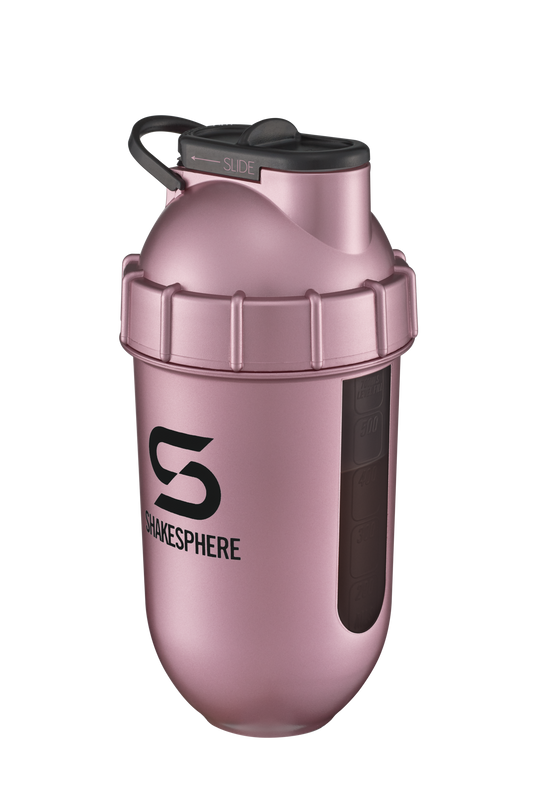 ShakeSphere Tumbler View - Rose Gold with black window, black logo