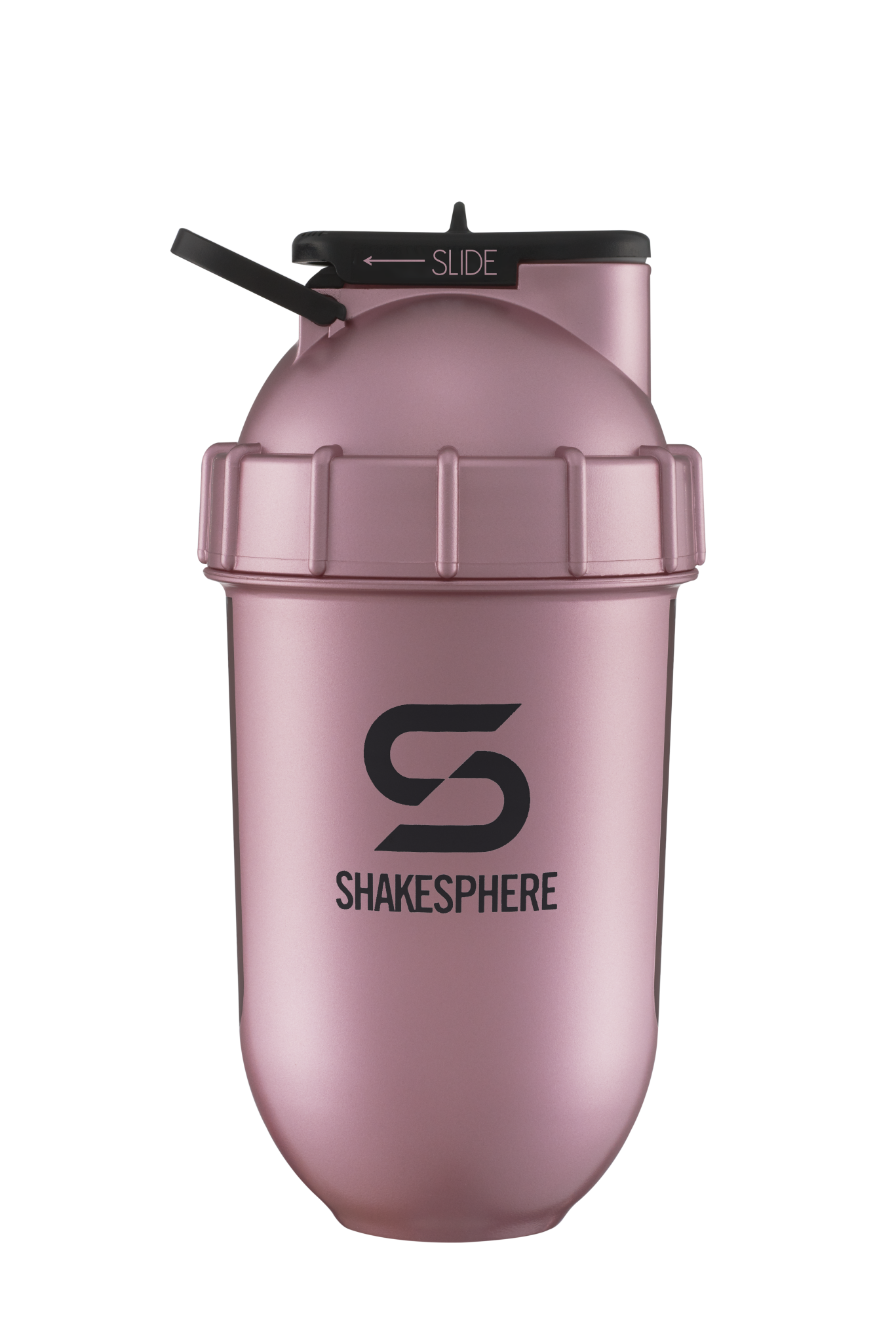 ShakeSphere Tumbler View - Rose Gold with black window, black logo