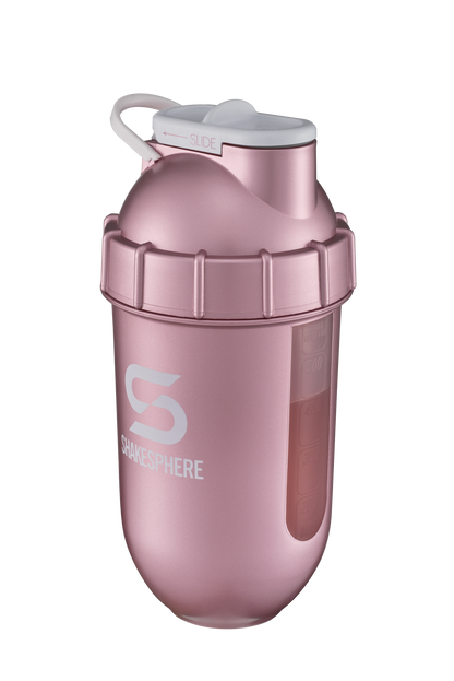 ShakeSphere Tumbler View - Rose Gold with clear window, white logo