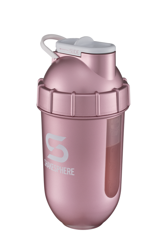 ShakeSphere Tumbler View - Rose Gold with clear window, white logo