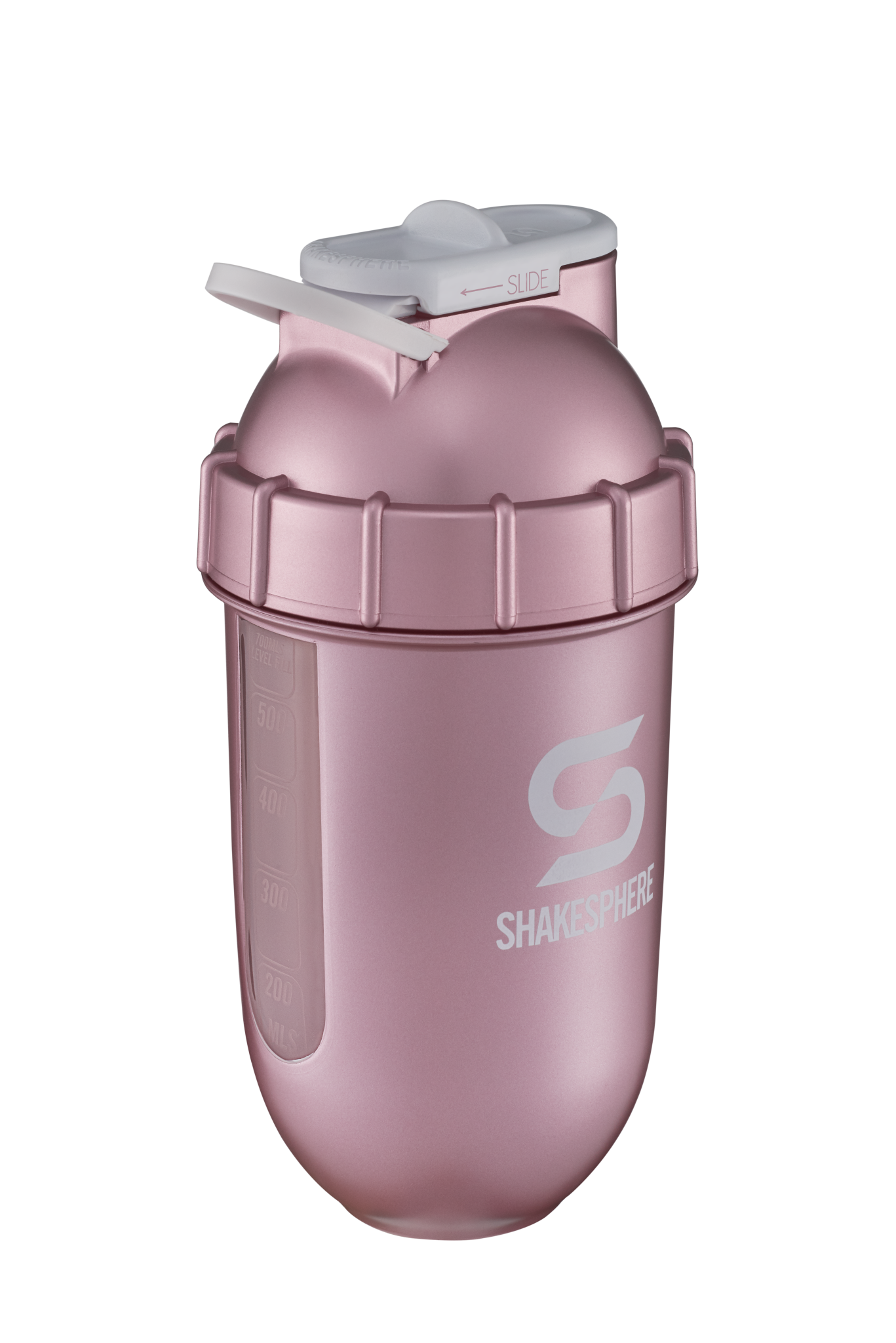 ShakeSphere Tumbler View - Rose Gold with clear window, white logo