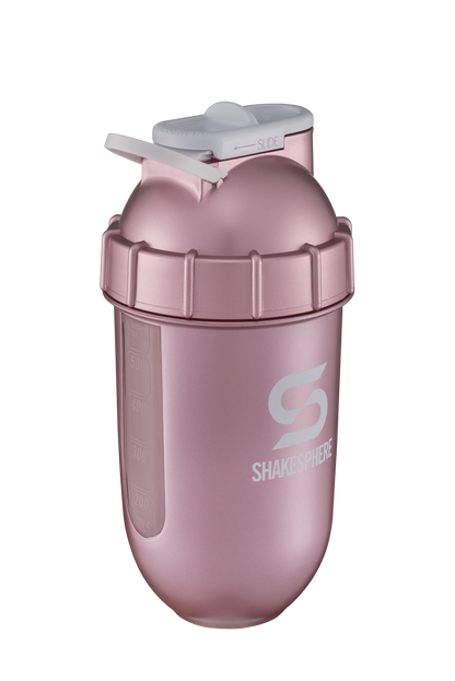 ShakeSphere Tumbler View - Rose Gold with clear window, white logo