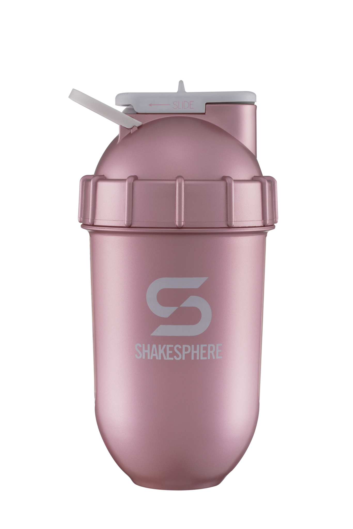 ShakeSphere Tumbler View - Rose Gold with clear window, white logo