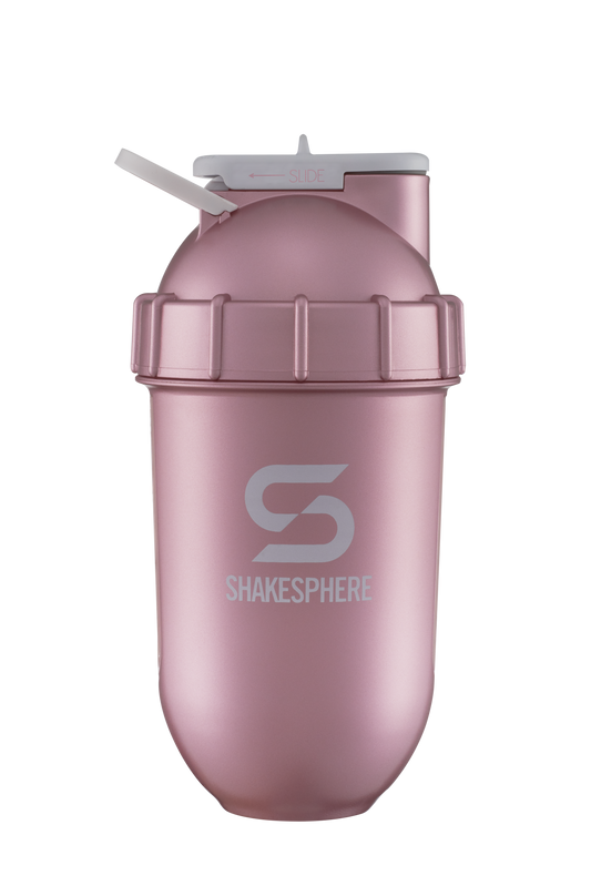 ShakeSphere Tumbler View - Rose Gold with clear window, white logo