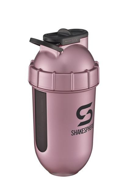 ShakeSphere Tumbler View - Rose Gold with black window, black logo