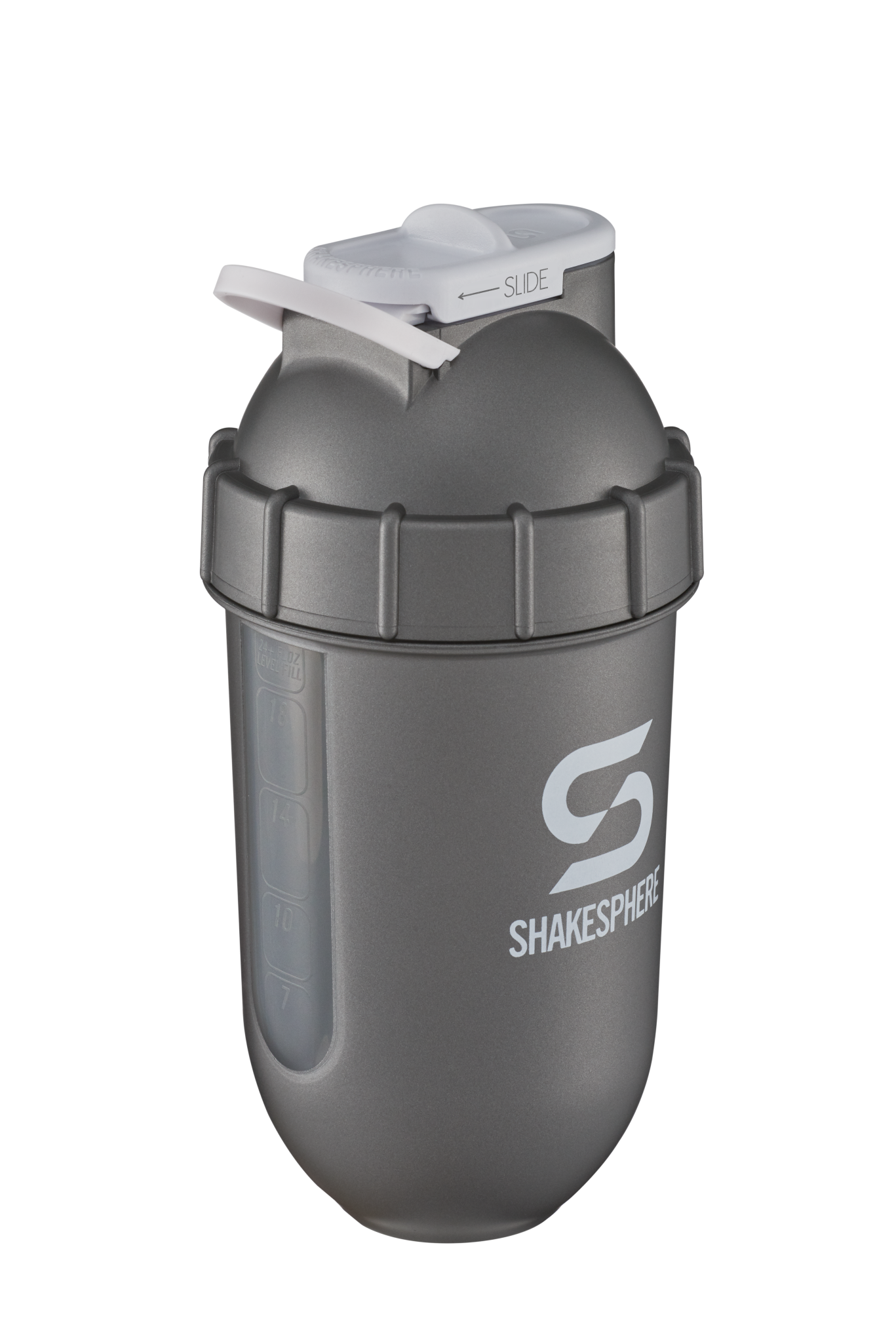 ShakeSphere Tumbler View - Gun Metal with clear window, white logo