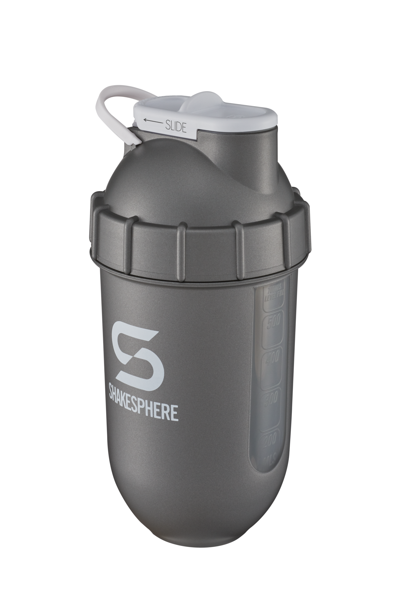 ShakeSphere Tumbler View - Gun Metal with clear window, white logo