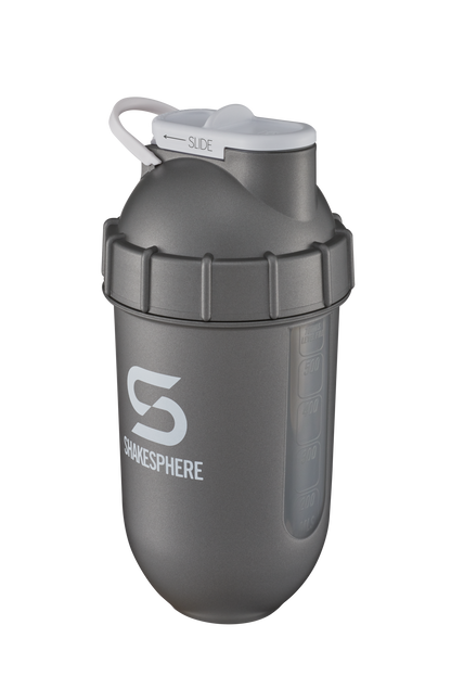ShakeSphere Tumbler View - Gun Metal with clear window, white logo