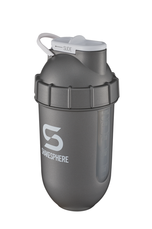 ShakeSphere Tumbler View - Gun Metal with clear window, white logo