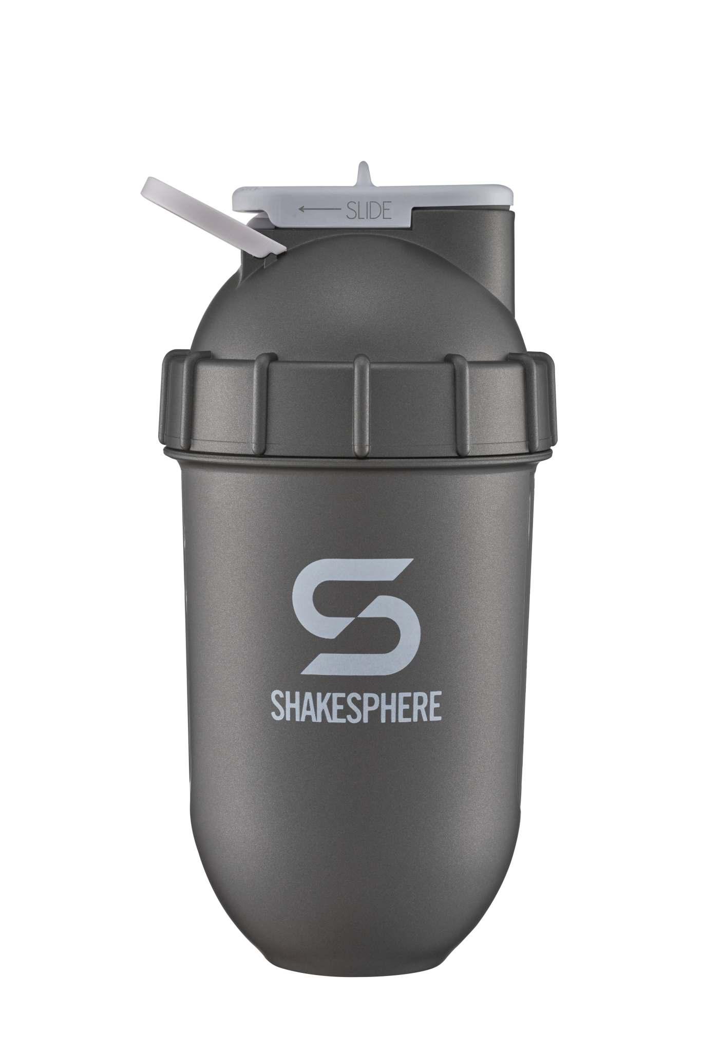 ShakeSphere Tumbler View - Gun Metal with clear window, white logo