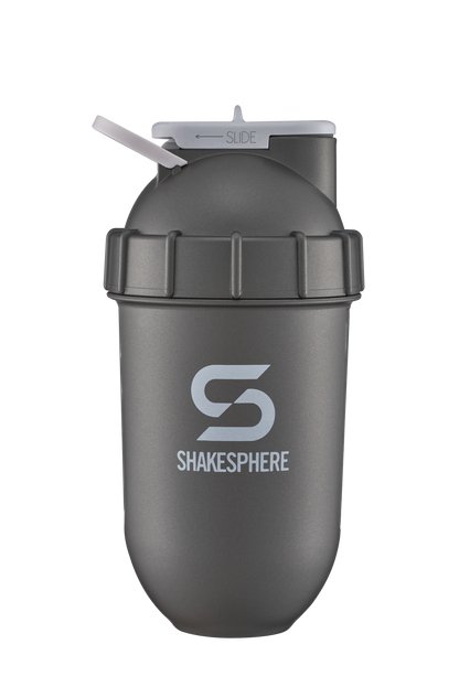 ShakeSphere Tumbler View - Gun Metal with clear window, white logo