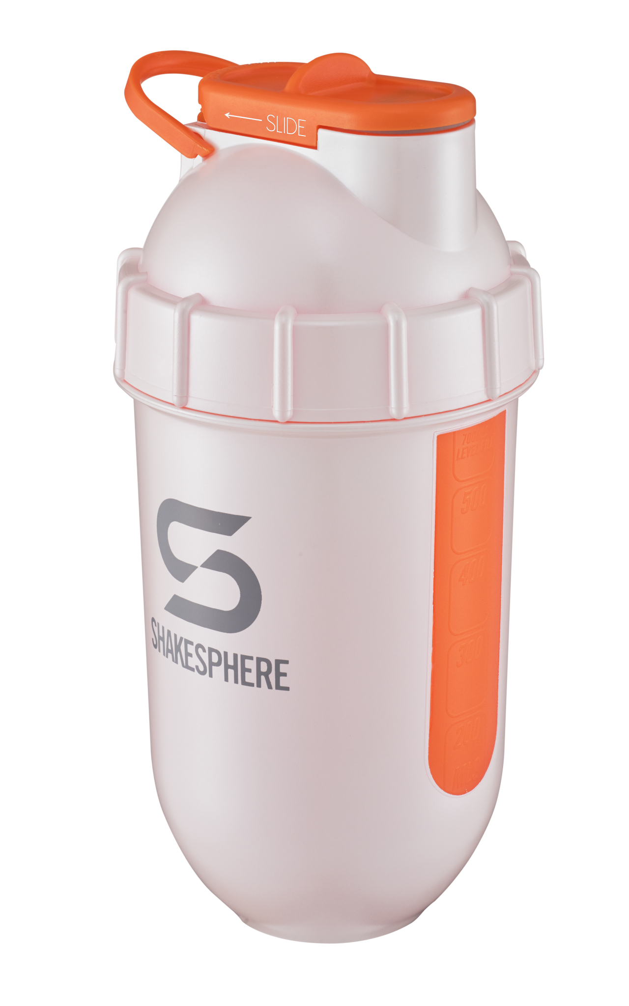 ShakeSphere Tumbler View - Pearl White with orange window, grey logo