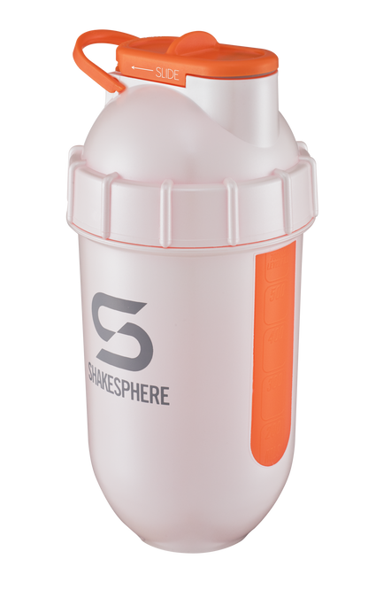 ShakeSphere Tumbler View - Pearl White with orange window, grey logo