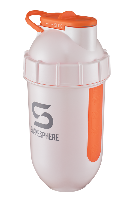 ShakeSphere Tumbler View - Pearl White with orange window, grey logo